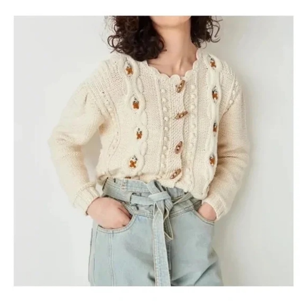 Sessun Tesoro Crewneck Cotton Cable Cardigan Small Beige Cream